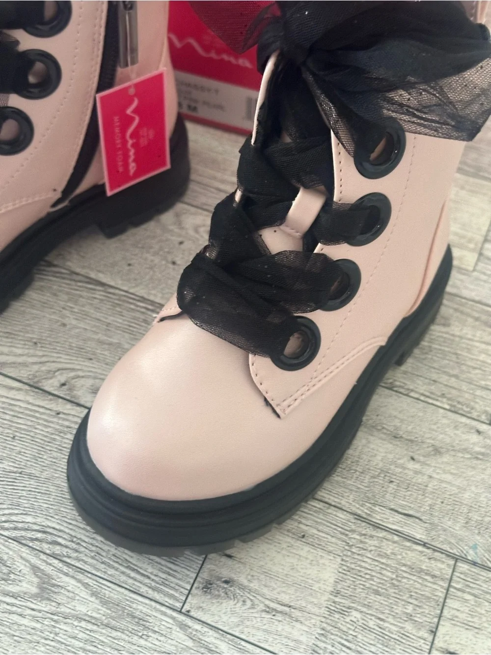 New! Nina Kids Pink Combat Boot with Black Tulle Bow side zipper size 8C